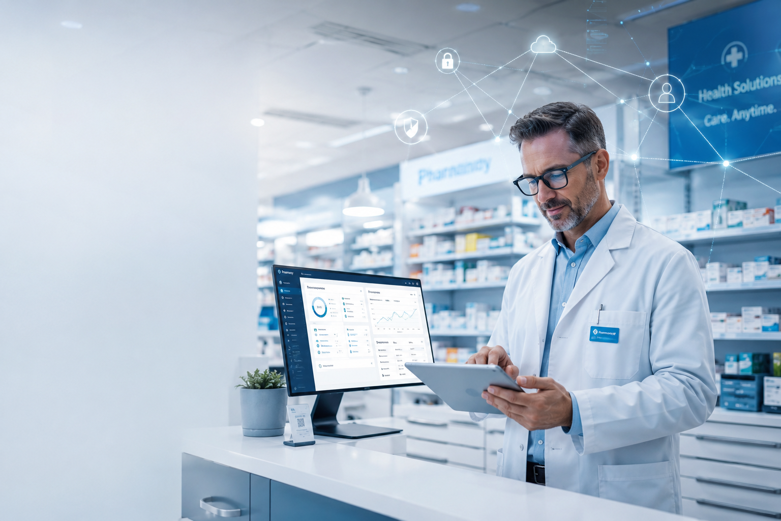 Pharmacist using a modern digital workstation and tablet inside a clean independent pharmacy with organized prescription shelves, healthcare dashboard screens, and subtle cybersecurity network overlays in a bright blue-and-white clinical environment.